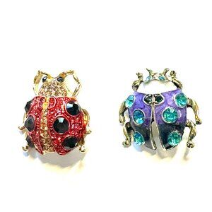 The Spotted Sweethearts — Vintage Style Rhinestone Ladybug Brooch Duo — EUC